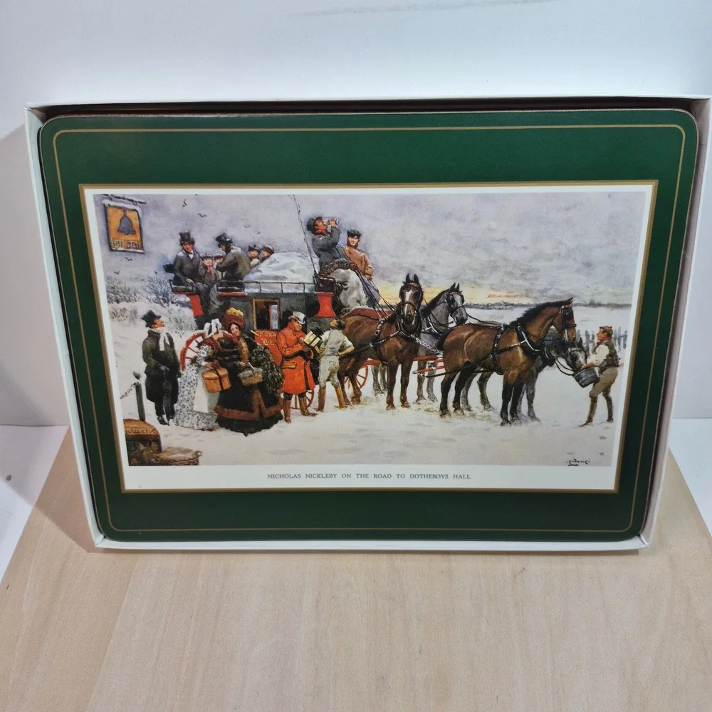 Pimpernel Charles Dickens Placemats Set of 6 Cork Back Green Gold English Scenes